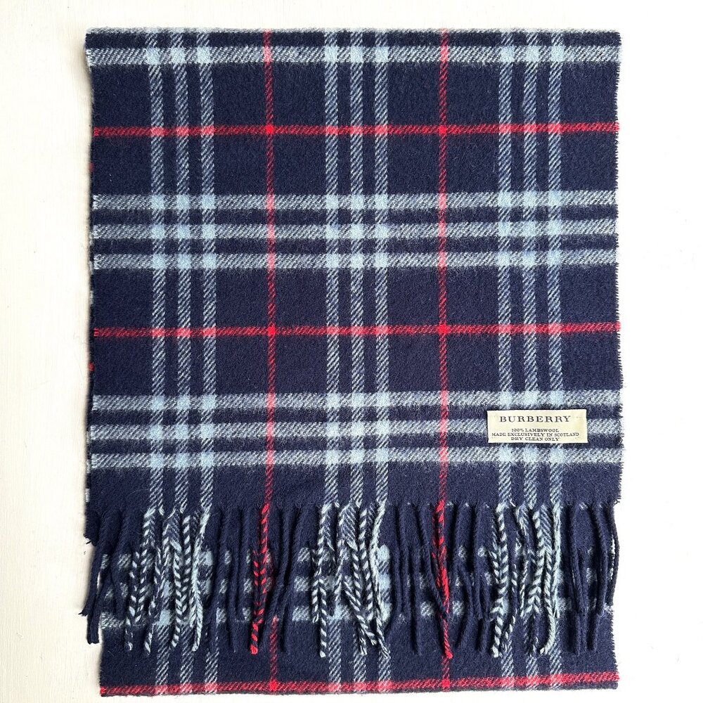 NEW - BURBERRY made in Scotland 100% Lambswool Paid Navy Scarf - UNISEX